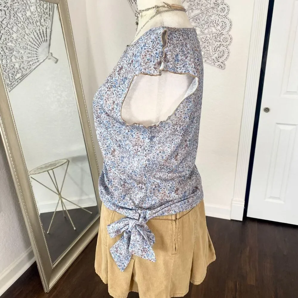 Early 2000's Boho Blue Brown Floral Flower Cap Sleeve Mesh Top S / M - Picture 4 of 5